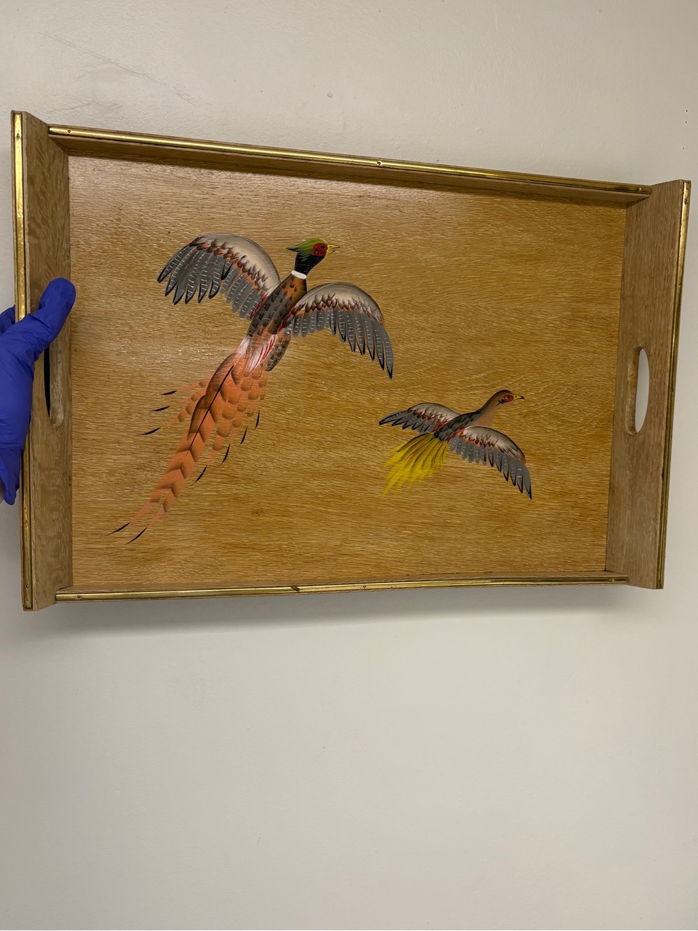 Vintage MCM Hand Painted Serving Tray - Pheasants in flight - metallic trim.